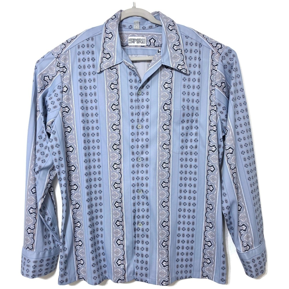 Vintage Spire Shirt Mens XL Blue Paisley Long Sleeve Button Retro Disco 70s